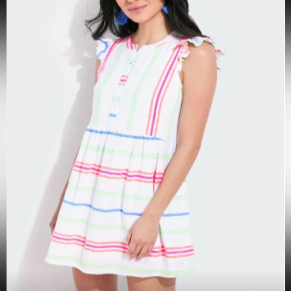 Vineyard Vines White Gauze neon stripes/flutter sleeve dress SZ 2